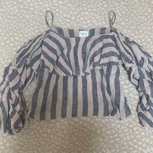 MISA Los Angeles Linen Blend Striped Ruffled Off Shoulder Top
